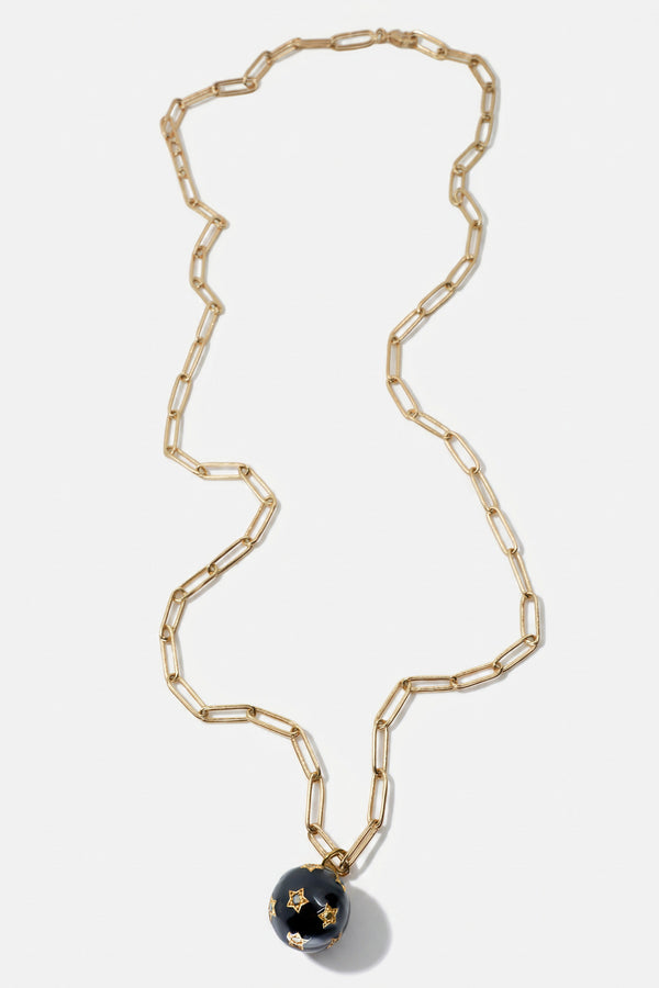 Diamond Star Sphere Black Enamel Paper Clip Necklace