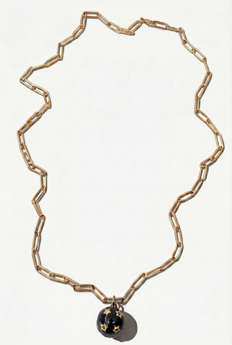 Diamond Star Sphere Black Enamel Paper Clip Necklace