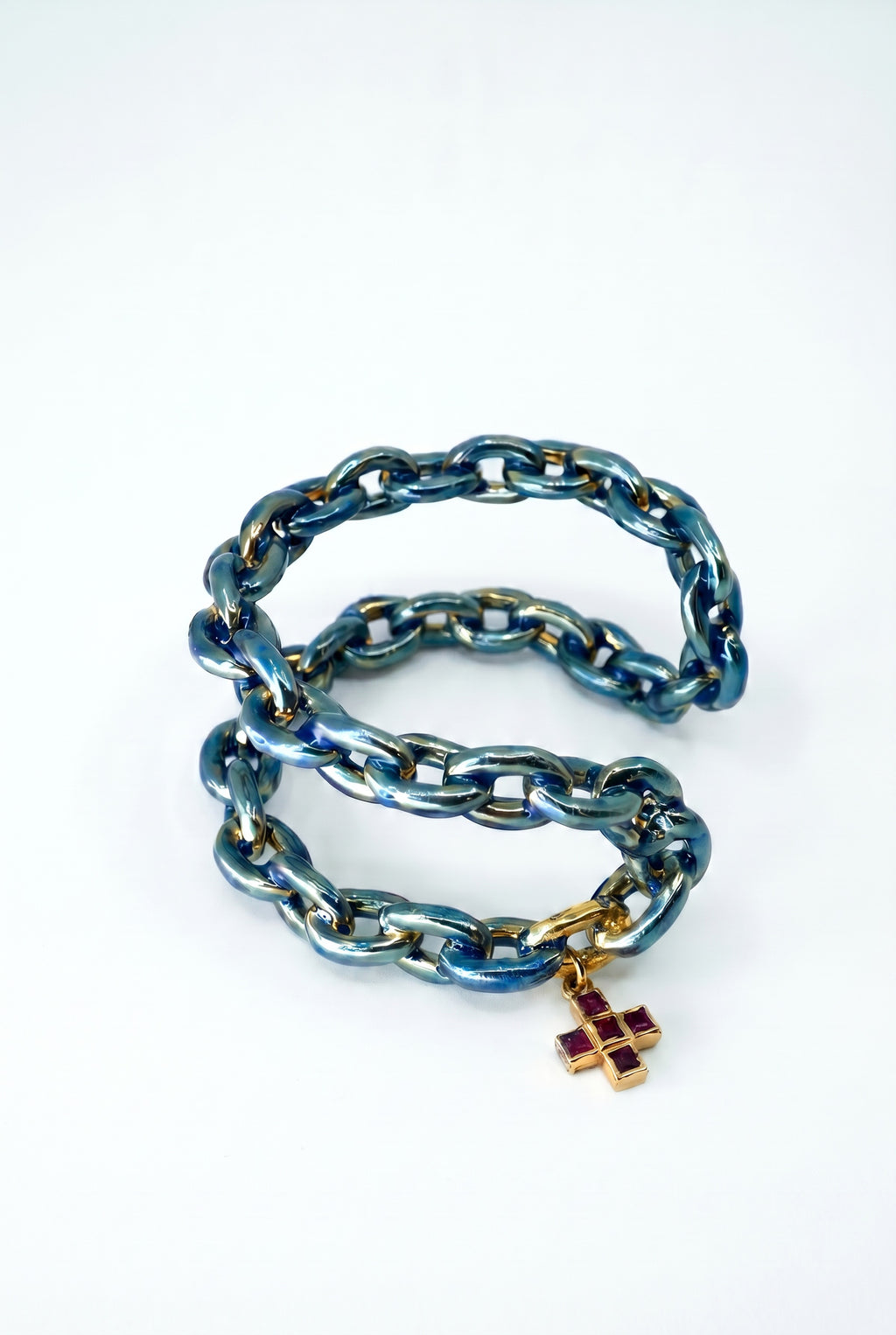 Ruby Cross Double Chain Cuff Bracelet Enamel