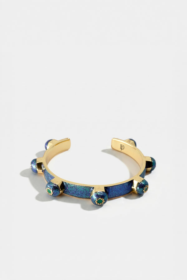 Emerald Studded Cuff Bracelet Blue Enamel