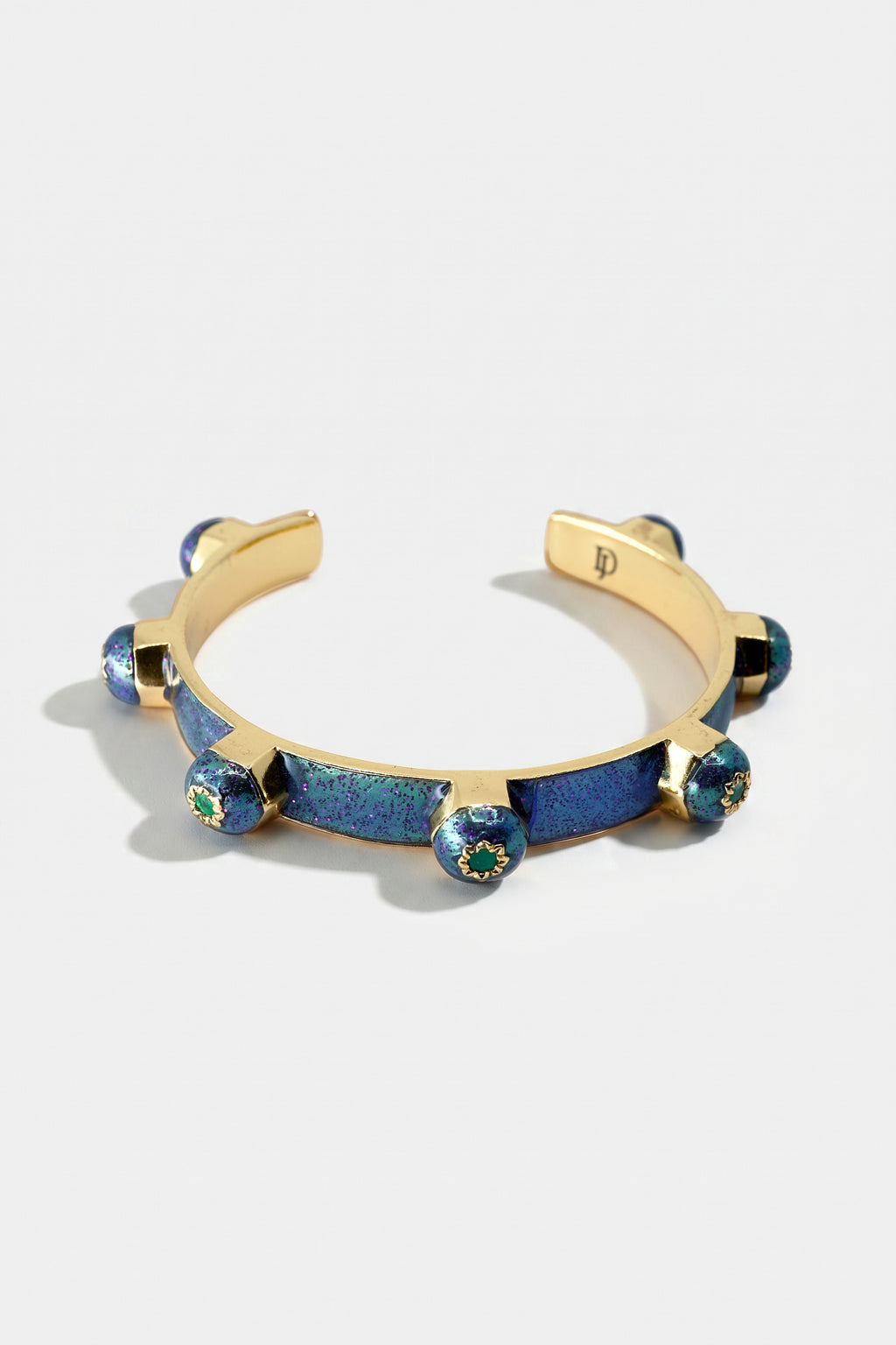 Emerald Studded Cuff Bracelet Blue Enamel