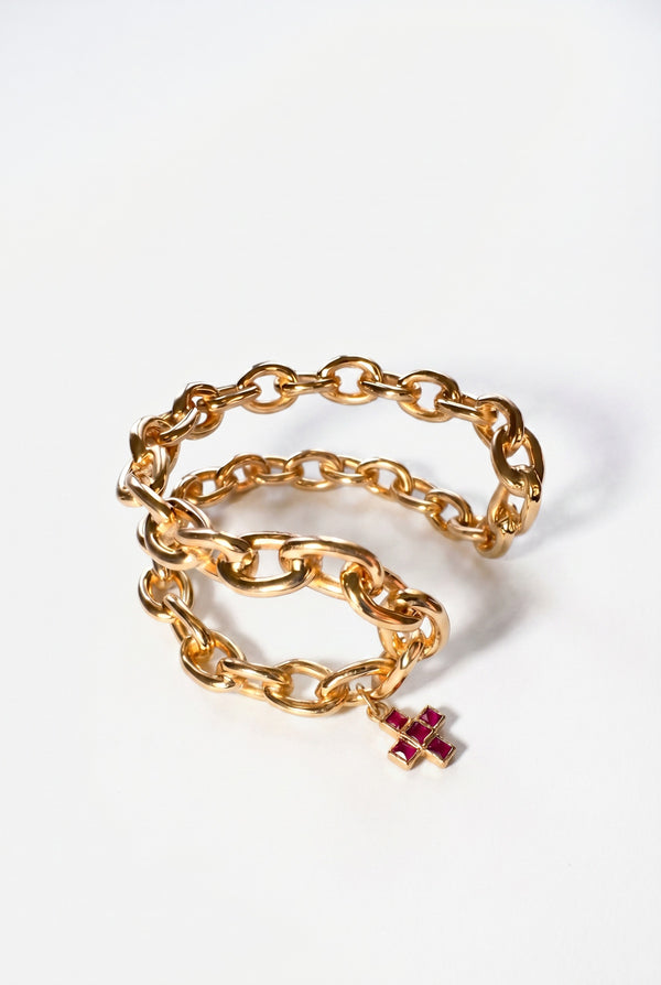 Chain Cuff Bracelet Ruby Cross Charm