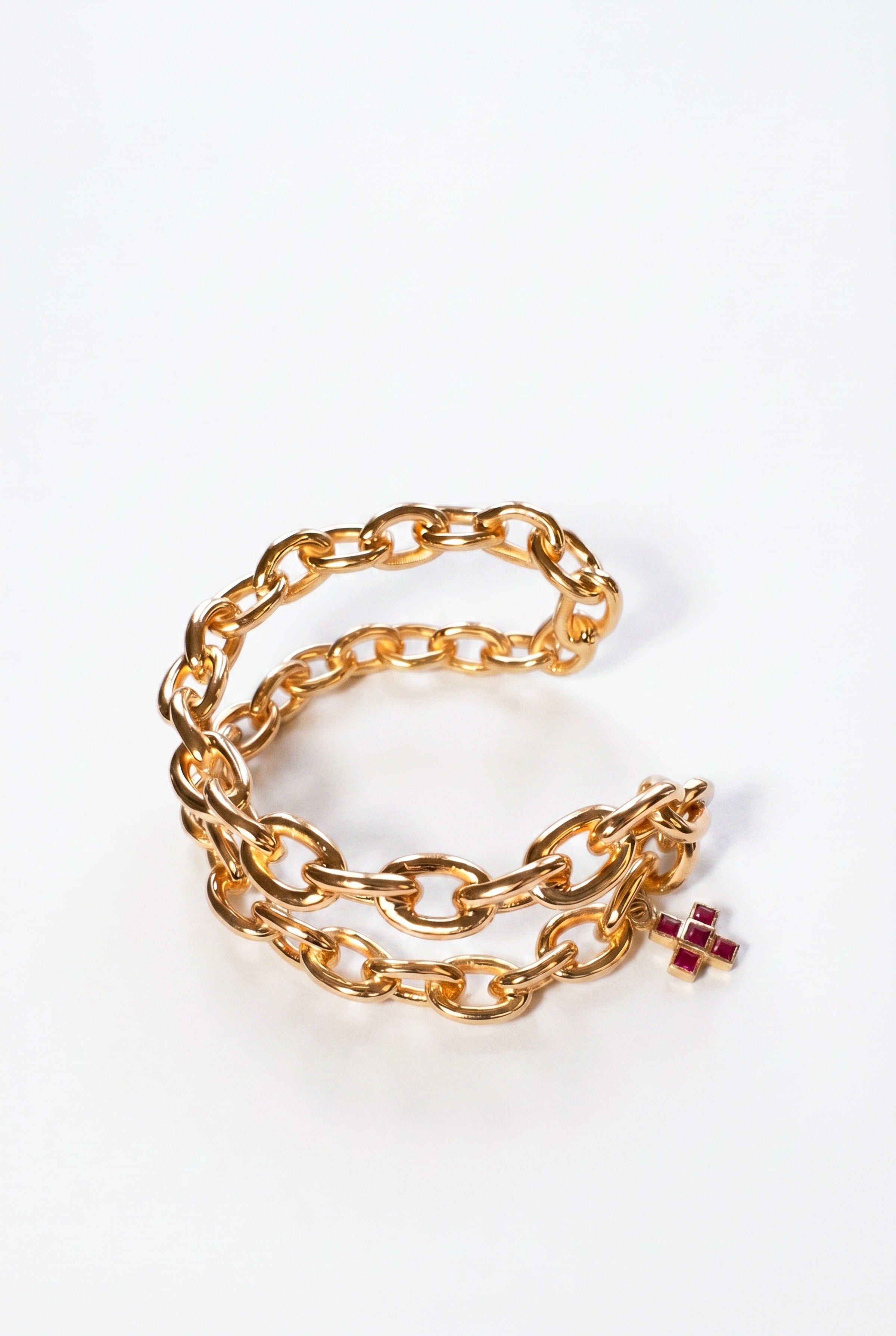 Chain Cuff Bracelet Ruby Cross Charm