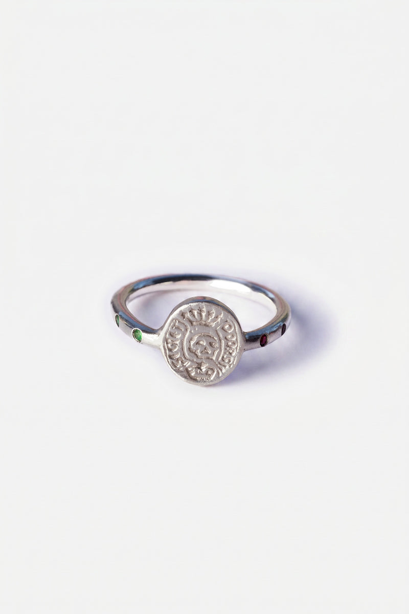 Emerald Ruby Skull Crest Signet Ring Silver