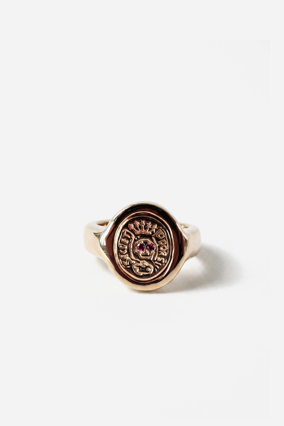 Gold Crowned Skull Crest Signet Ring Ruby Eyes