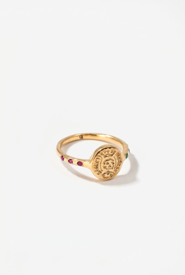 Skull Ring Emerald Ruby Crest Gold
