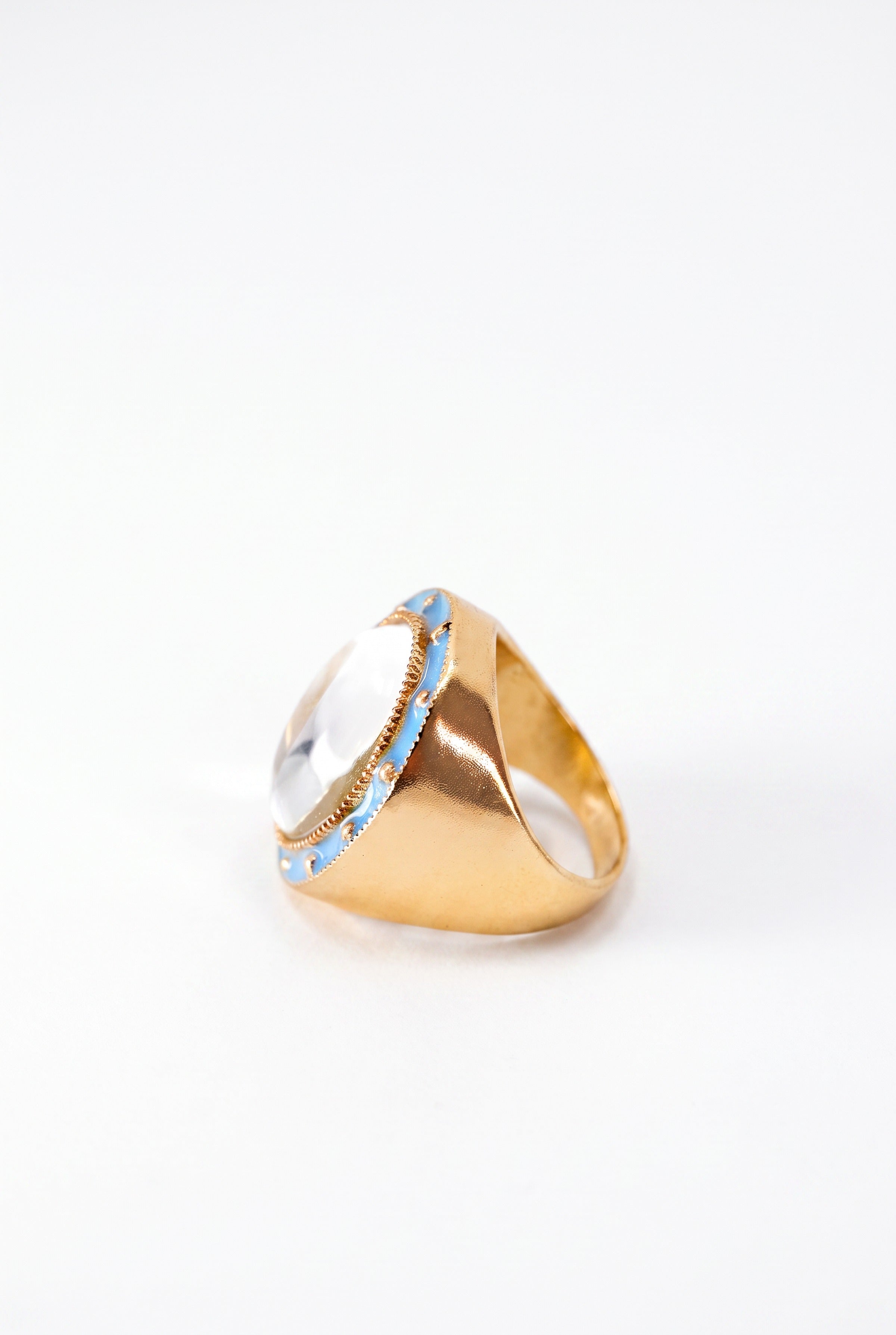 Crystal Quartz Ring Cabochon Light Blue Enamel Star