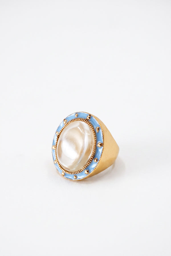 Crystal Quartz Ring Cabochon Light Blue Enamel Star