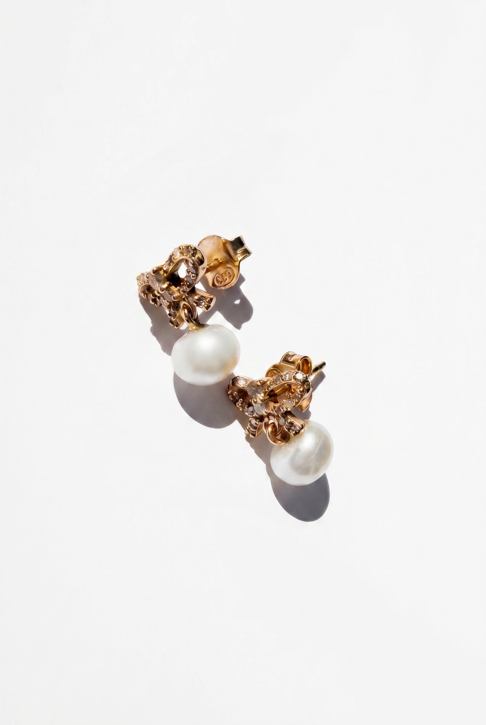 Diamond Bow Earrings Dangling Pearl
