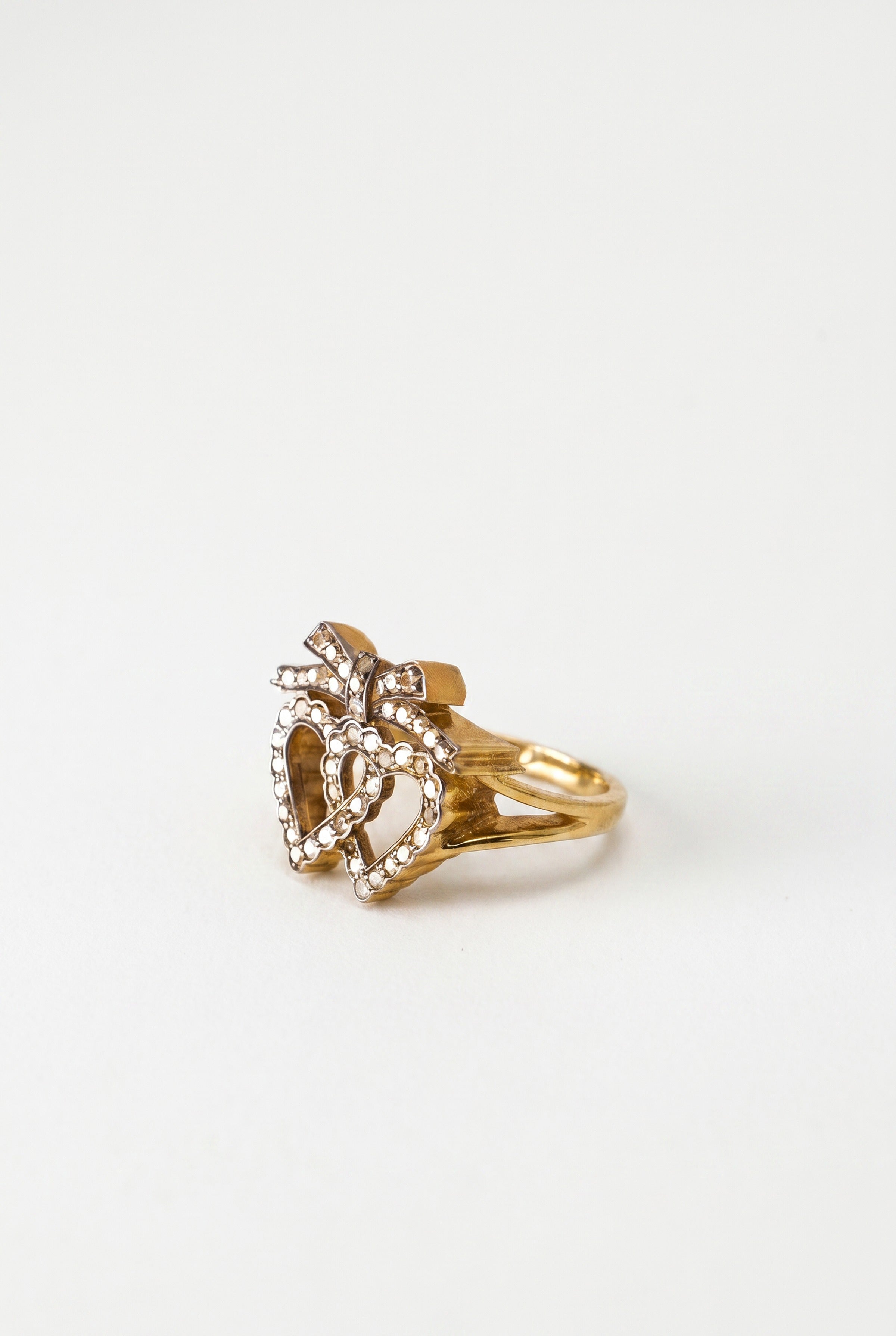 Double Heart Ring Diamond Bow