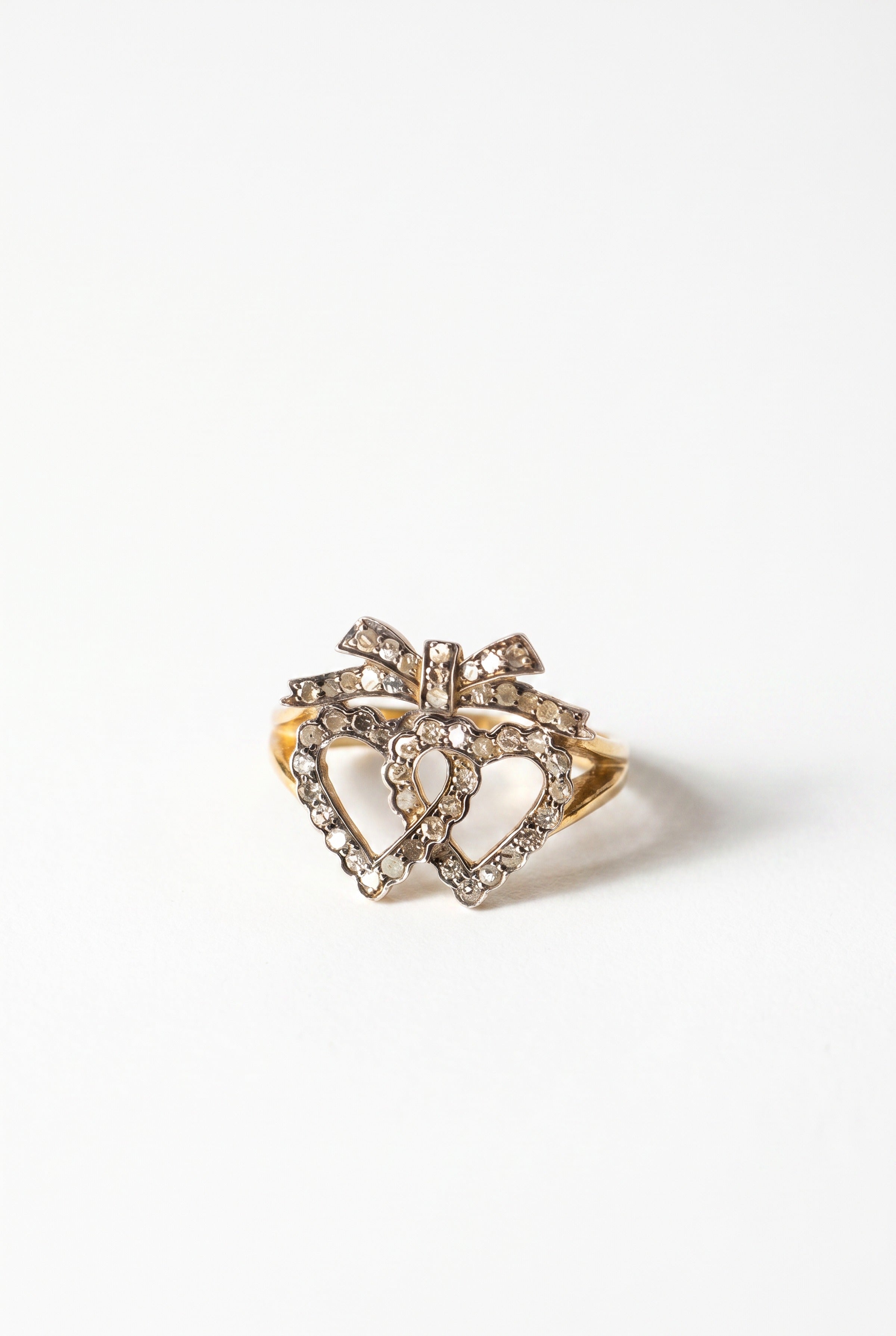Double Heart Ring Diamond Bow