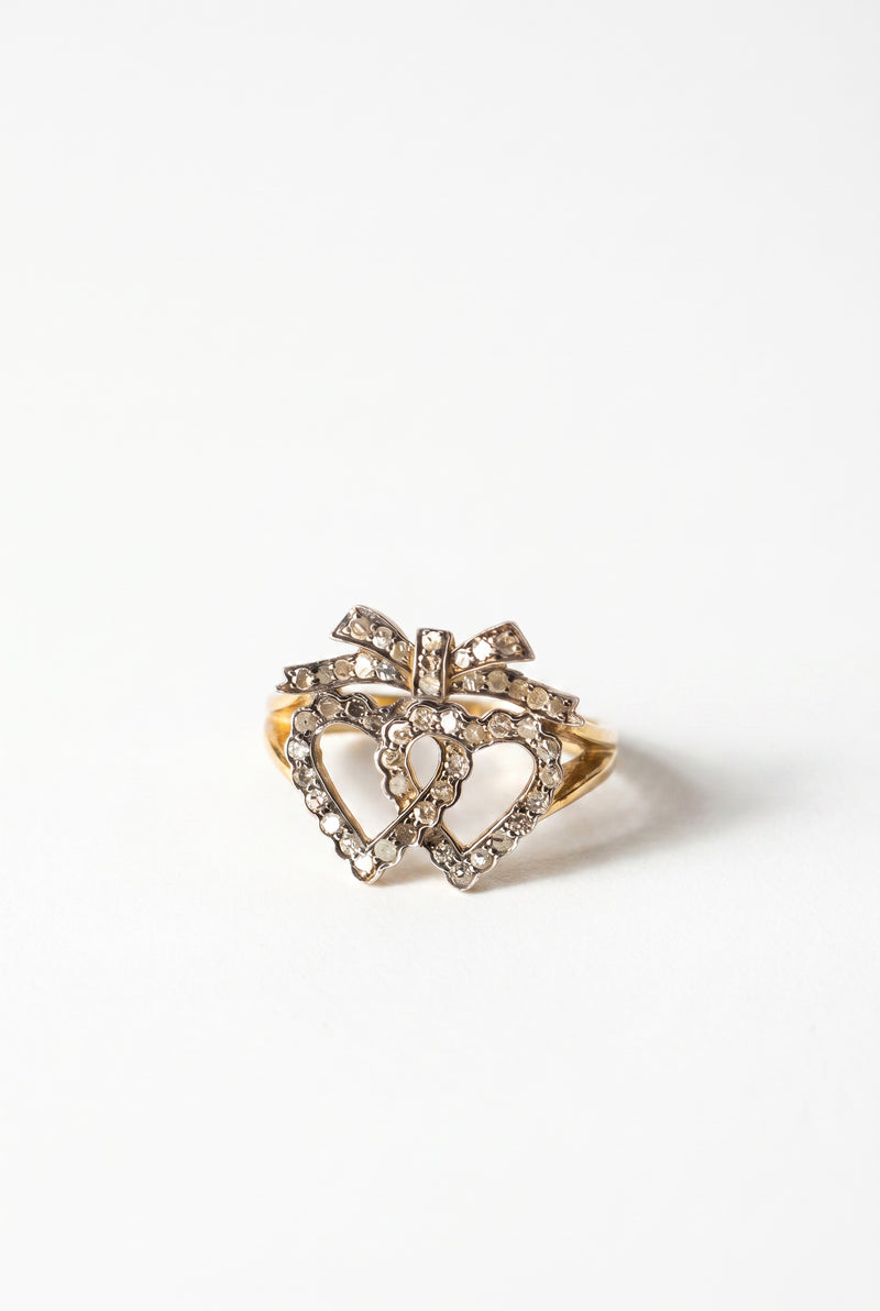 Double Heart Ring Diamond Bow