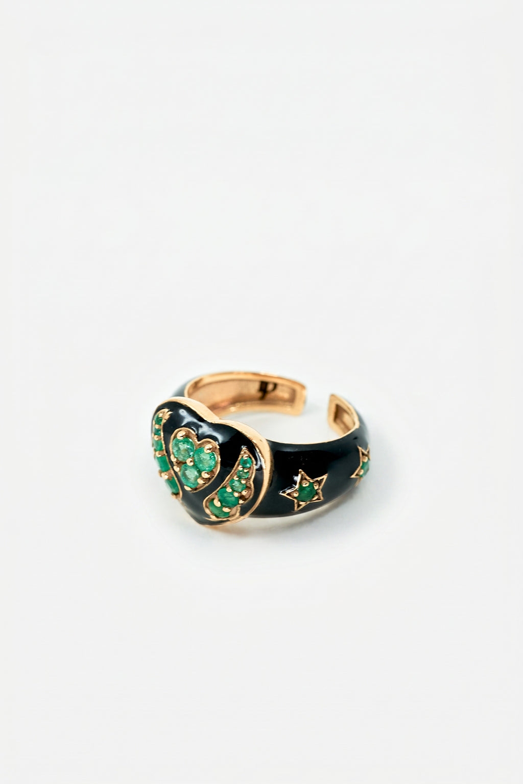 Emerald Heart Star Ring Black Enamel