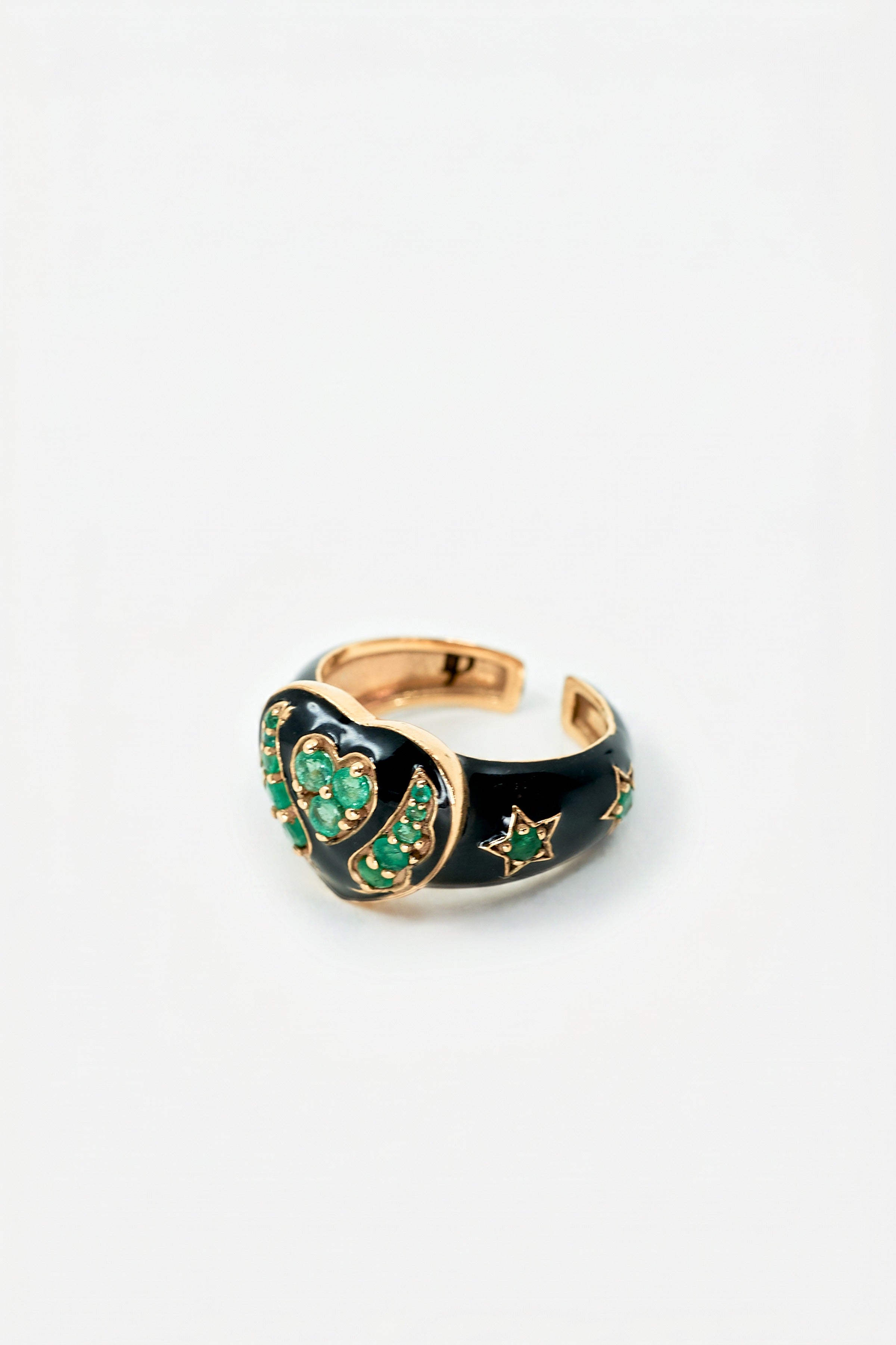 Emerald Heart Star Ring Black Enamel