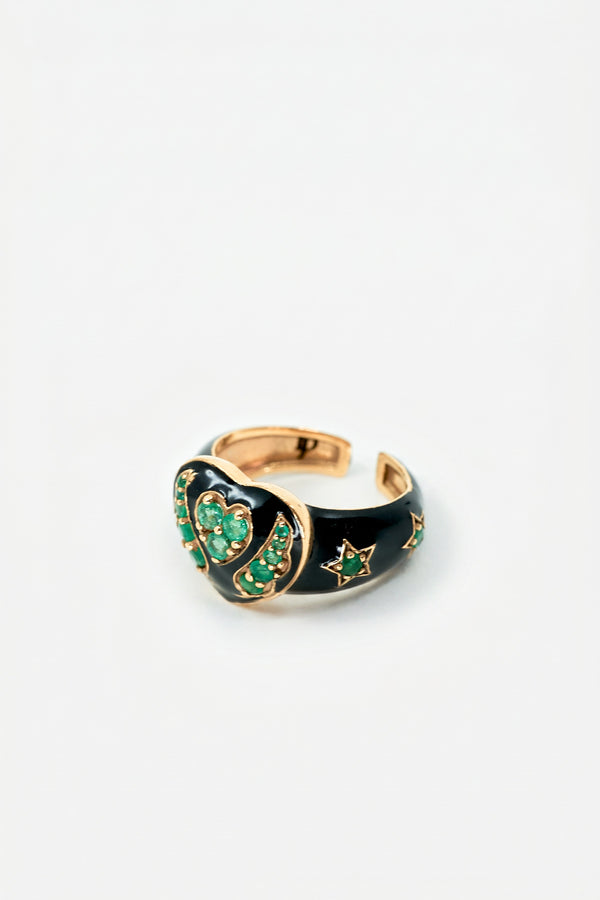 Emerald Heart Star Ring Black Enamel