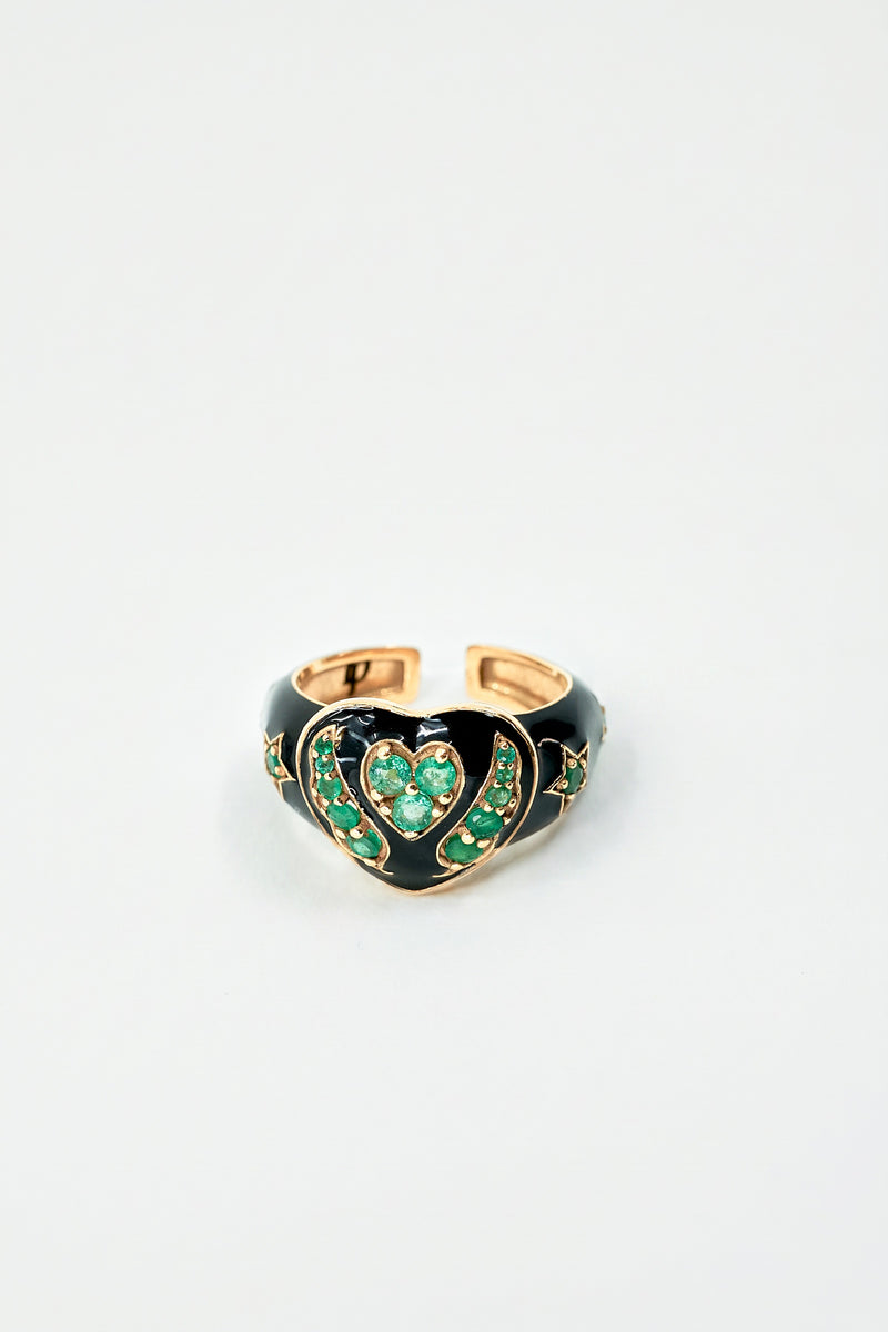 Emerald Heart Star Ring Black Enamel