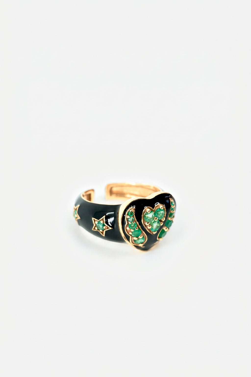 Emerald Heart Star Ring Black Enamel