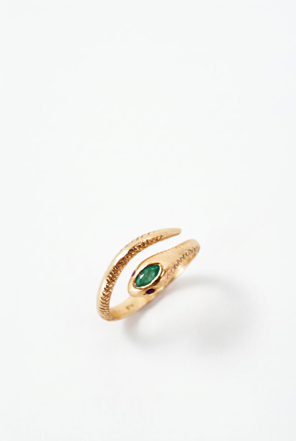 Snake Ring Marquise Emerald Ruby Eyes Silver Serpent