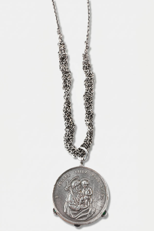 Emerald Virgin Mary Medal Necklace Silver