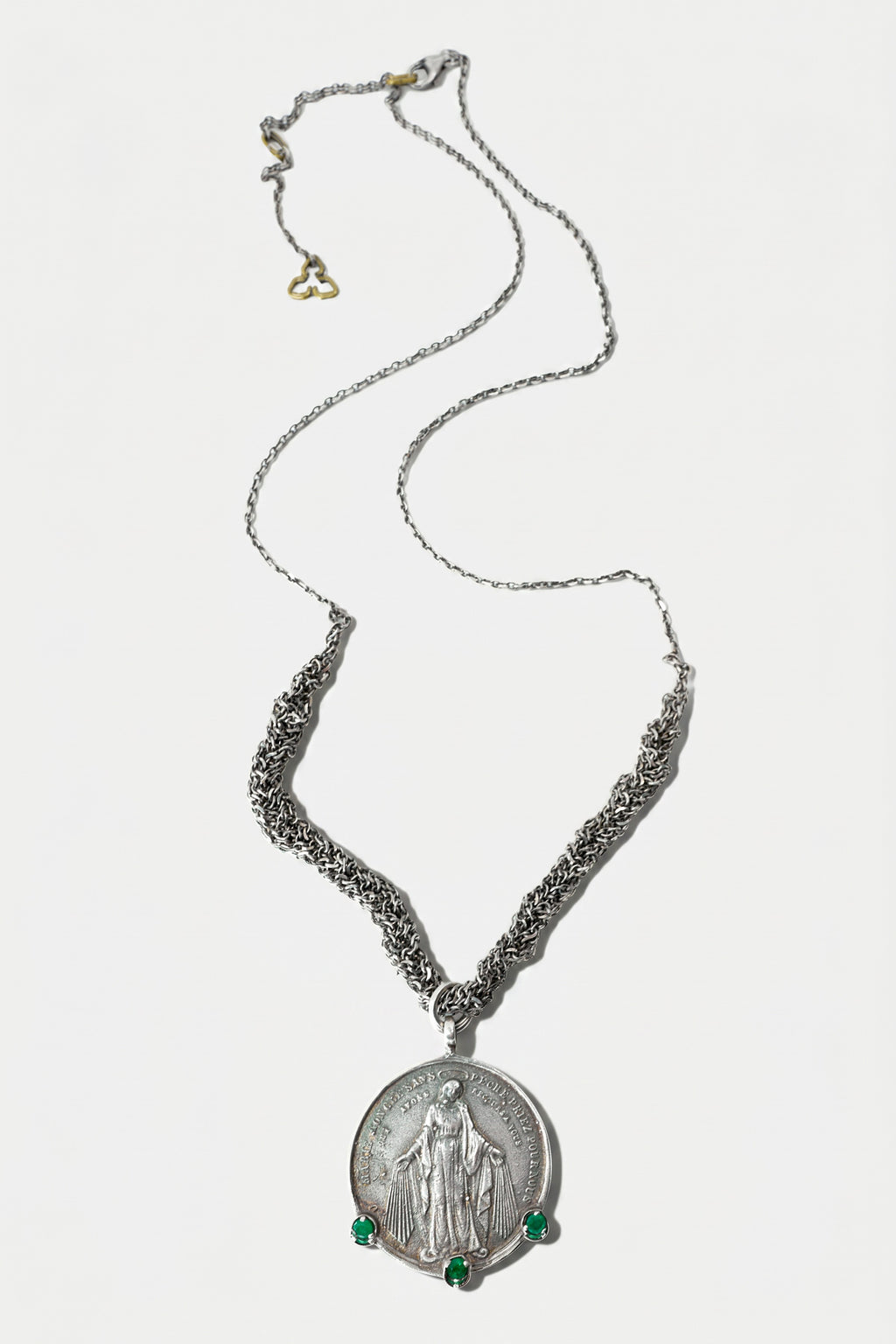 Emerald Virgin Mary Medal Necklace Silver