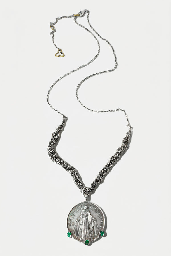 Emerald Virgin Mary Medal Necklace Silver