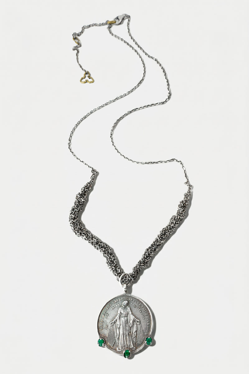 Emerald Virgin Mary Medal Necklace Silver
