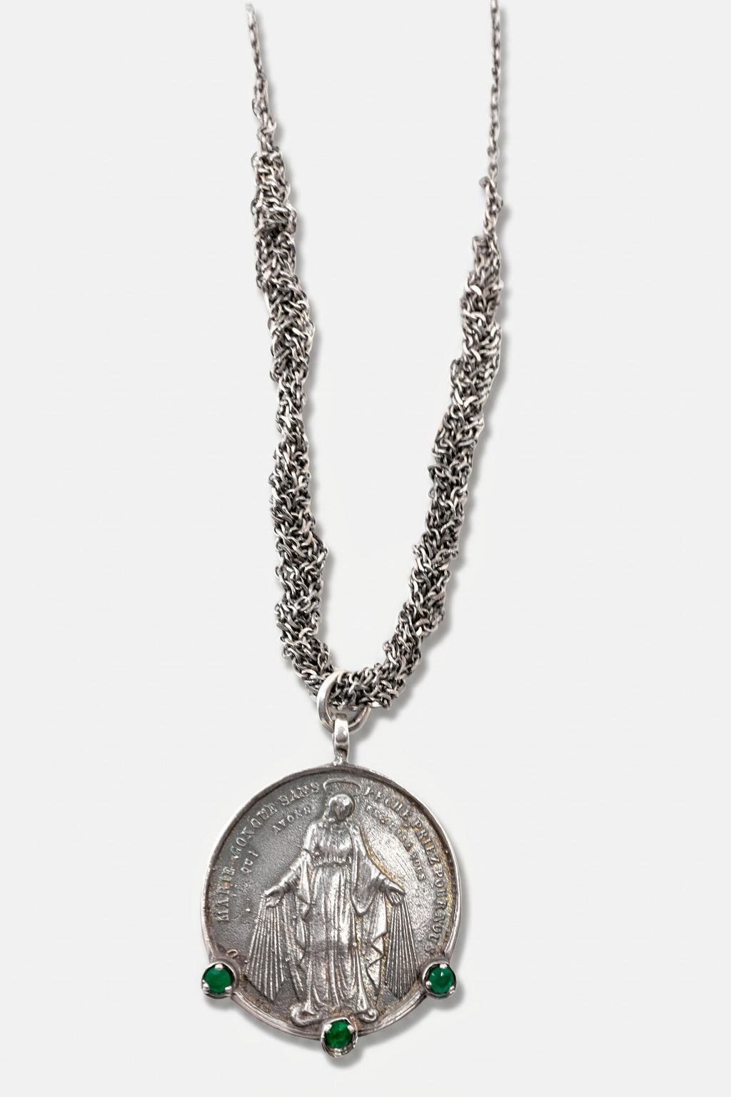 Emerald Virgin Mary Medal Necklace Silver