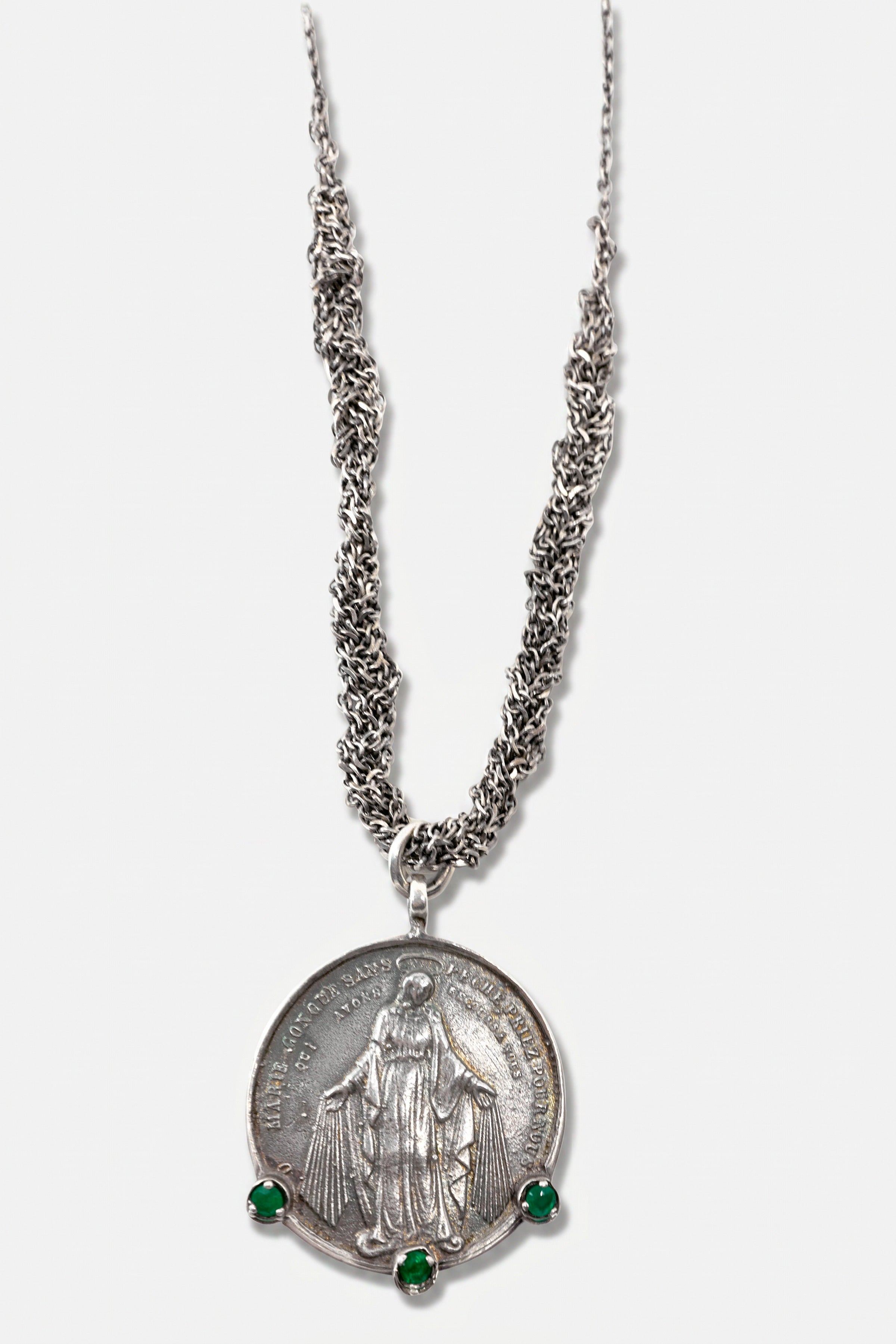 Emerald Virgin Mary Medal Necklace Silver