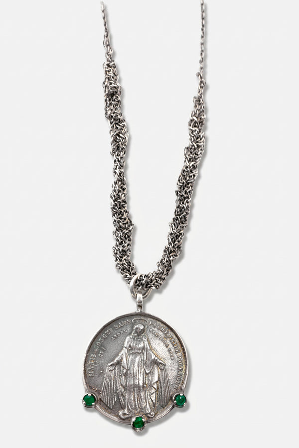 Emerald Virgin Mary Medal Necklace Silver