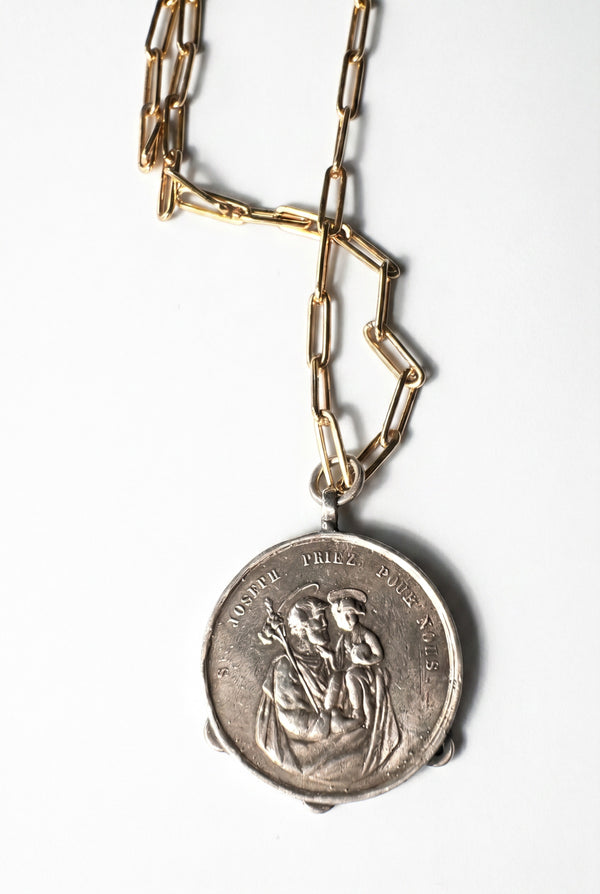 Virgin Mary Necklace  Ruby Silver Paperclip Chain