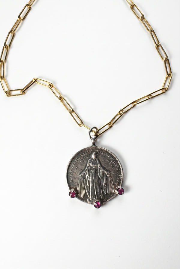 Virgin Mary Necklace  Ruby Silver Paperclip Chain