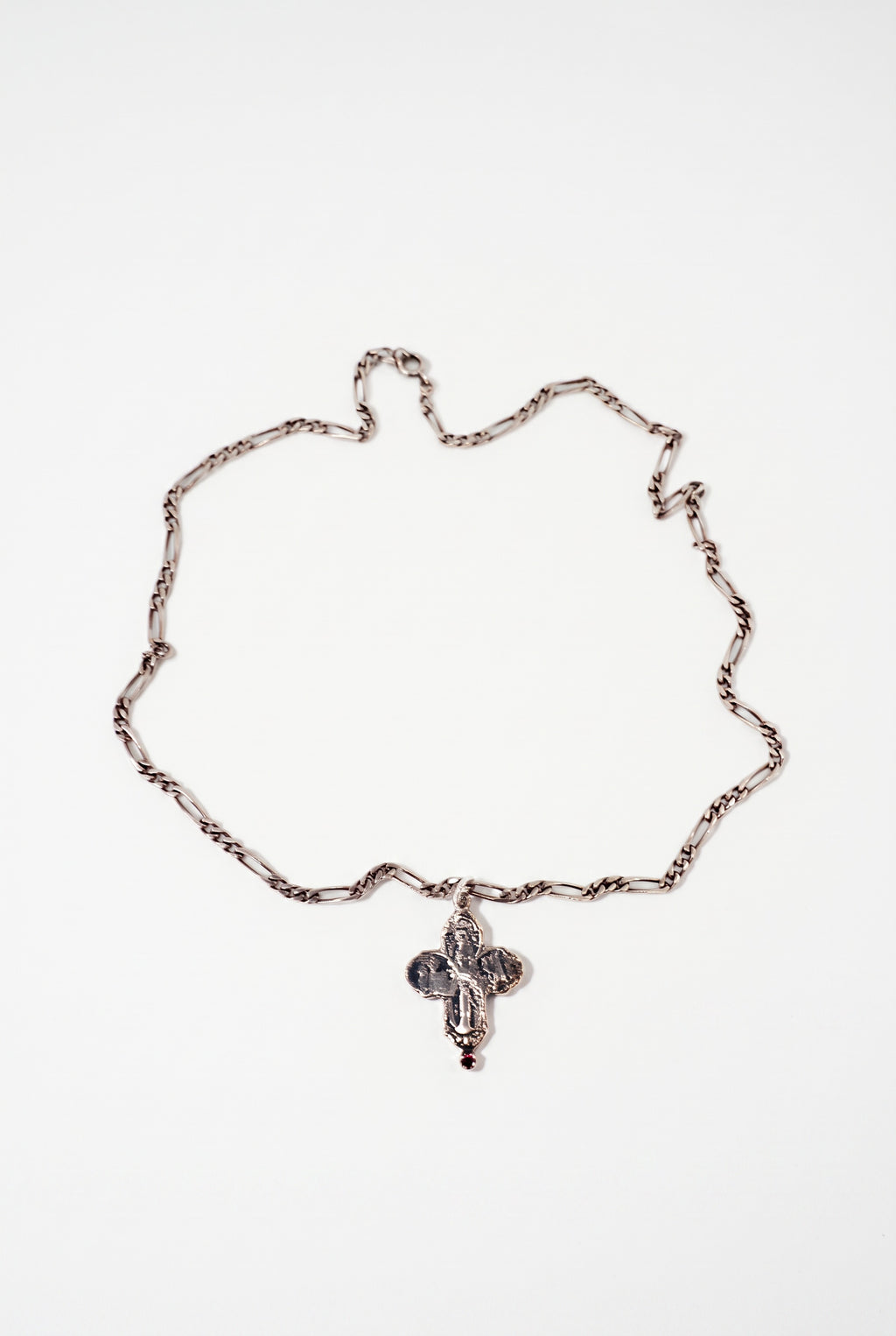 Greek Cross Ruby Necklace Silver Figaro Chain