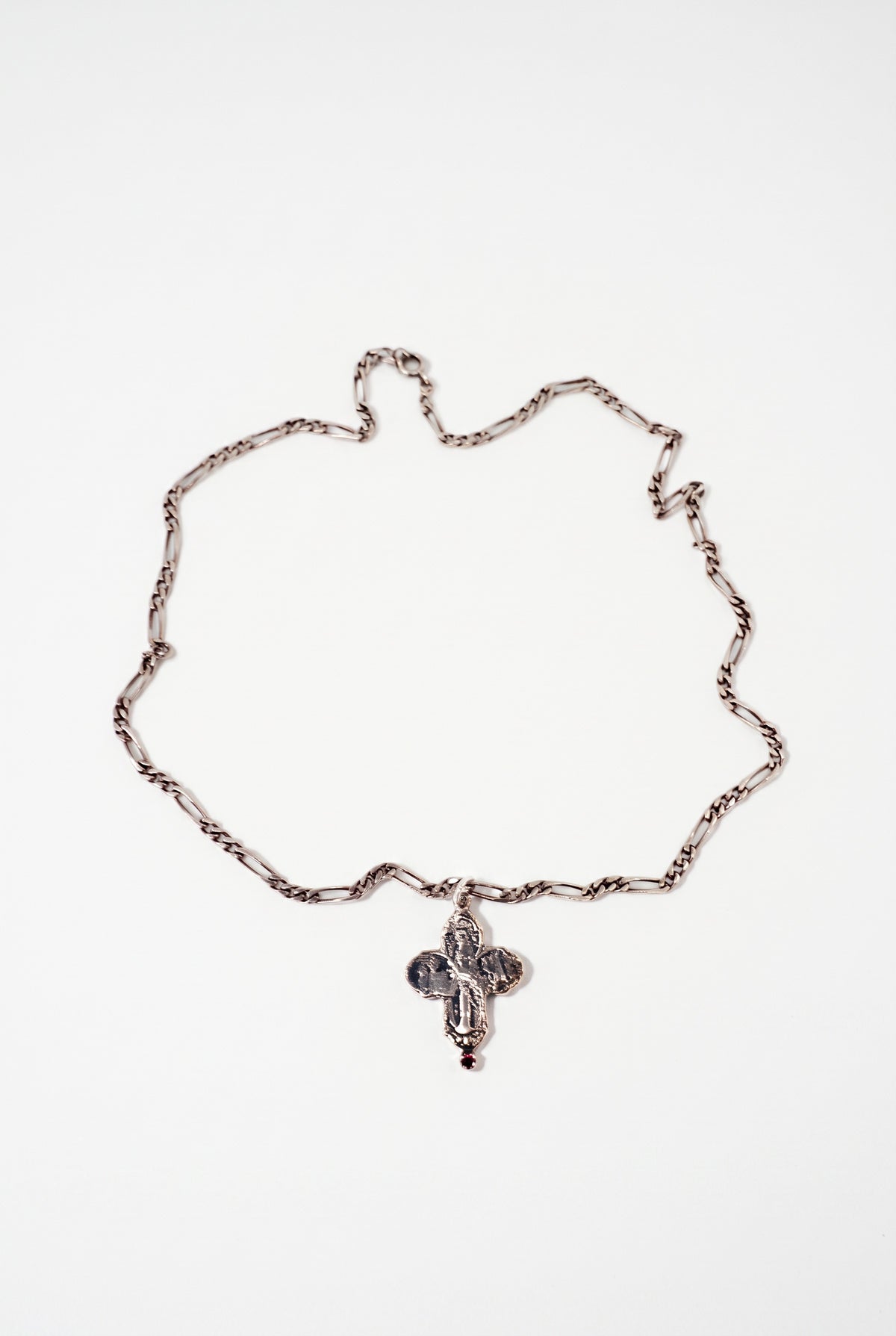 Greek Cross Ruby Necklace Silver Figaro Chain