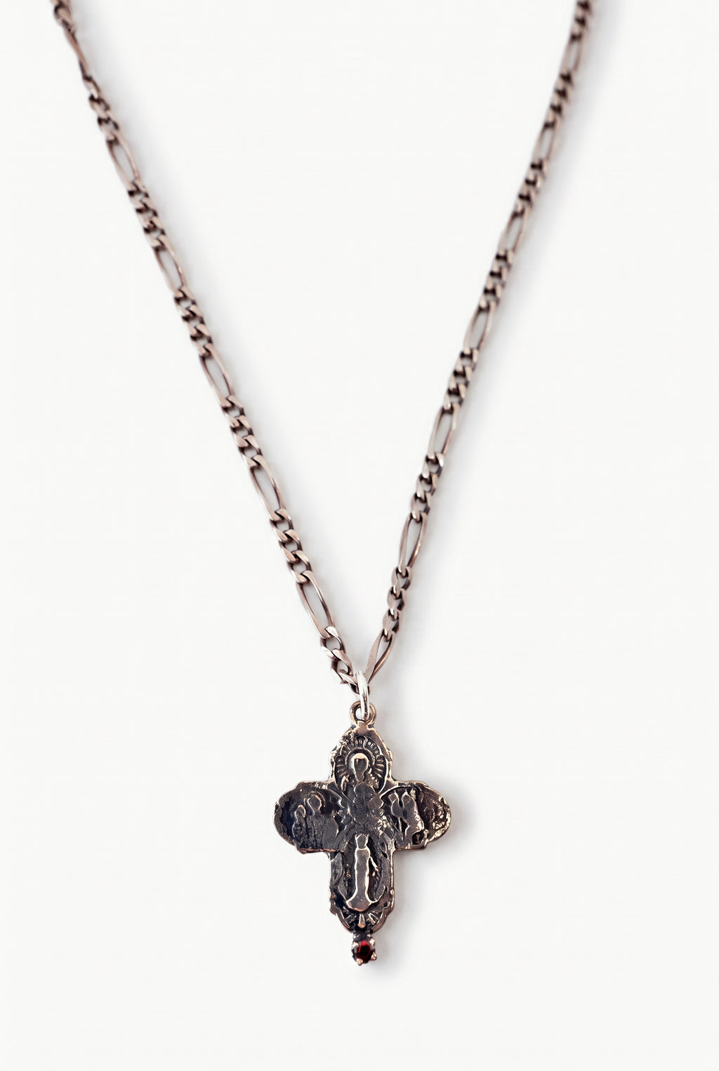 Greek Cross Ruby Necklace Silver Figaro Chain