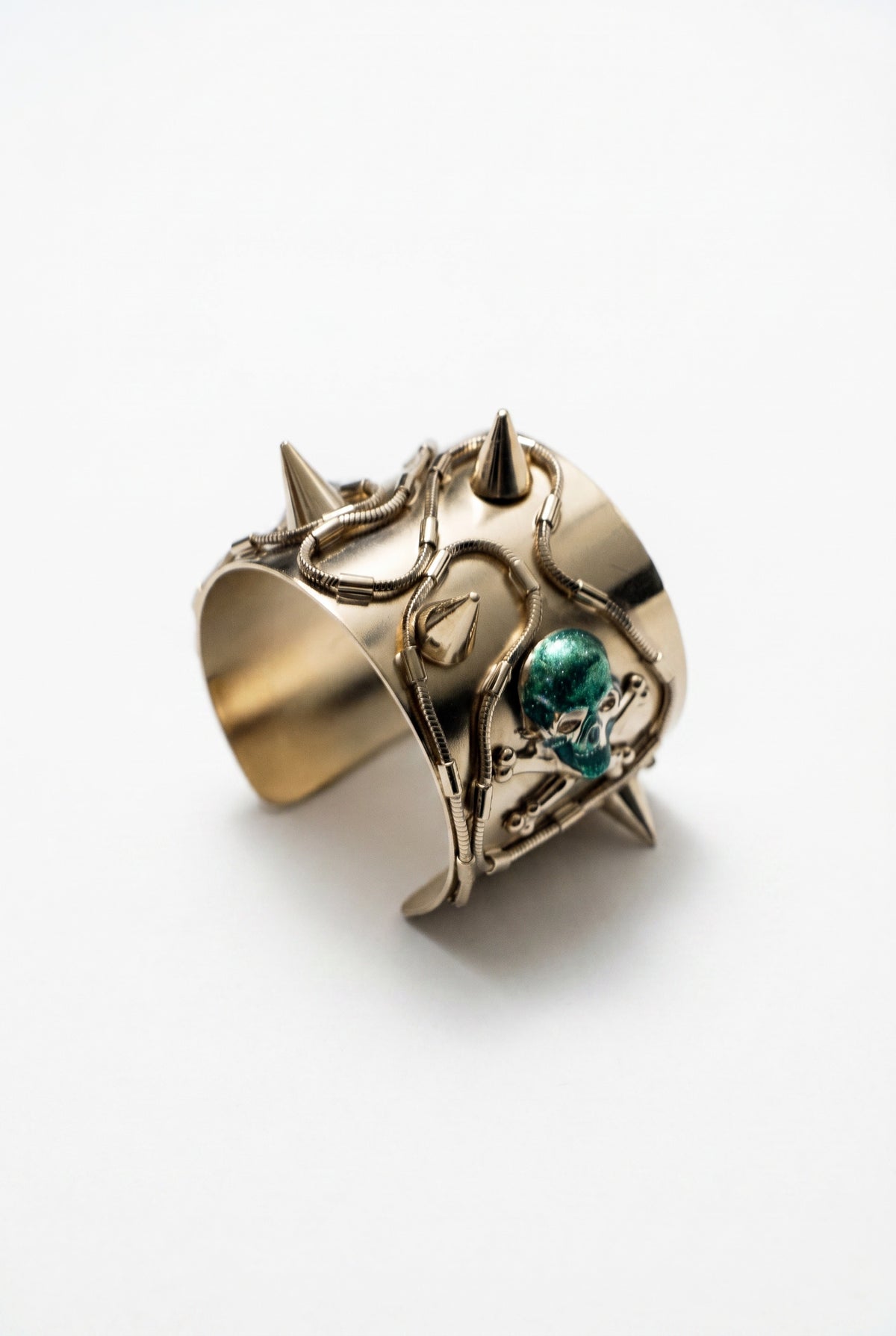 Vintage Gold Skull Spike Cuff Pink & Green Enamel