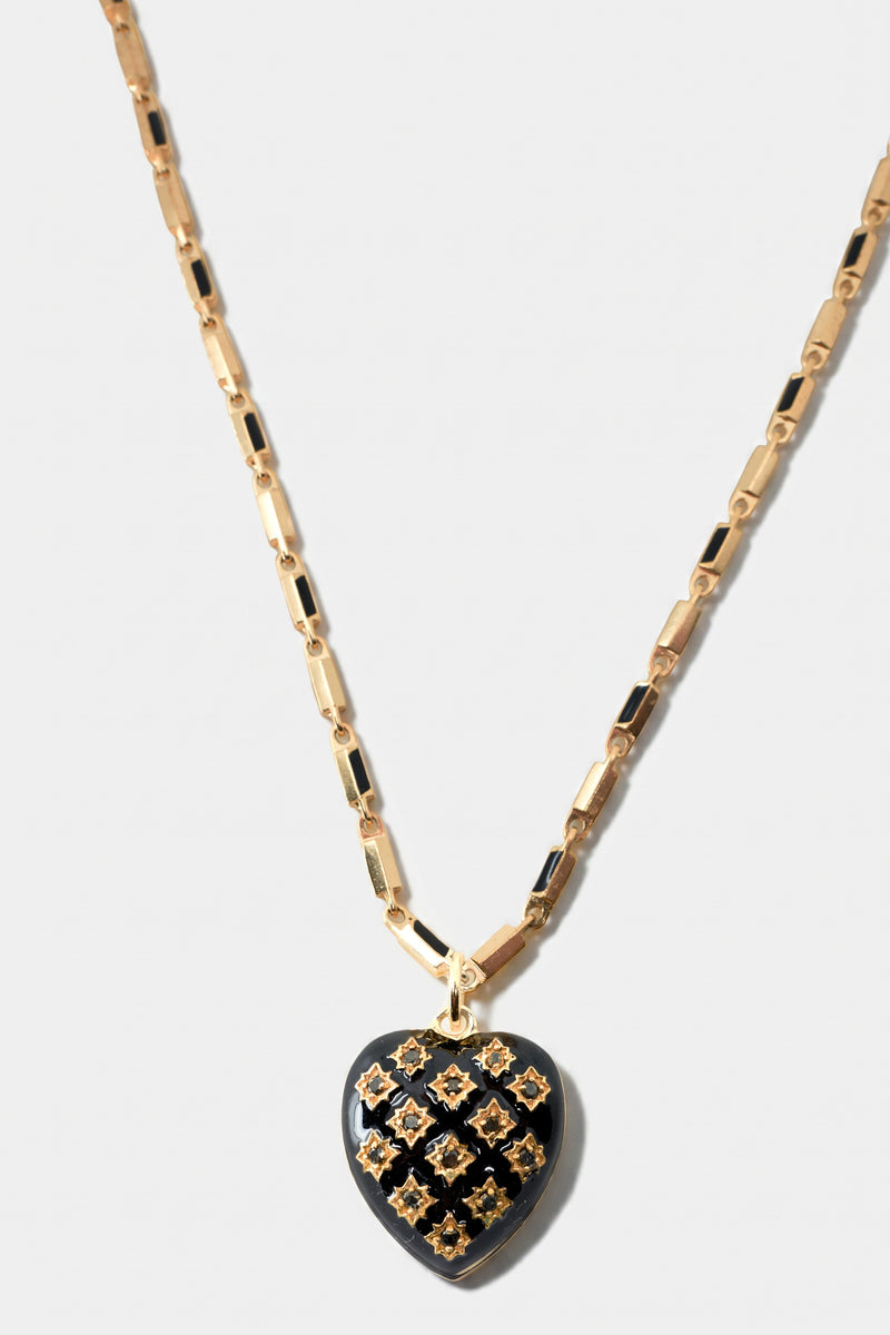 Black Diamond Heart Necklace Black Enamel