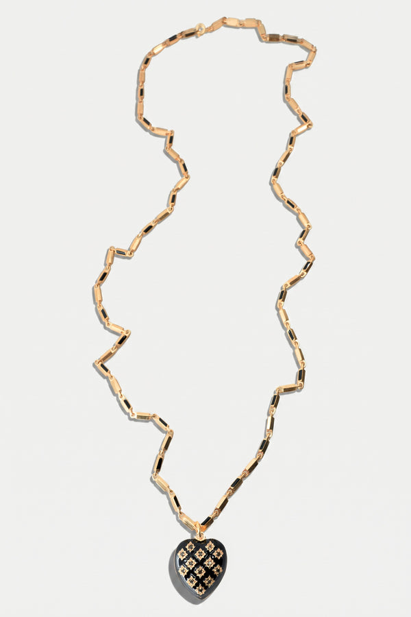 Black Diamond Heart Necklace Black Enamel
