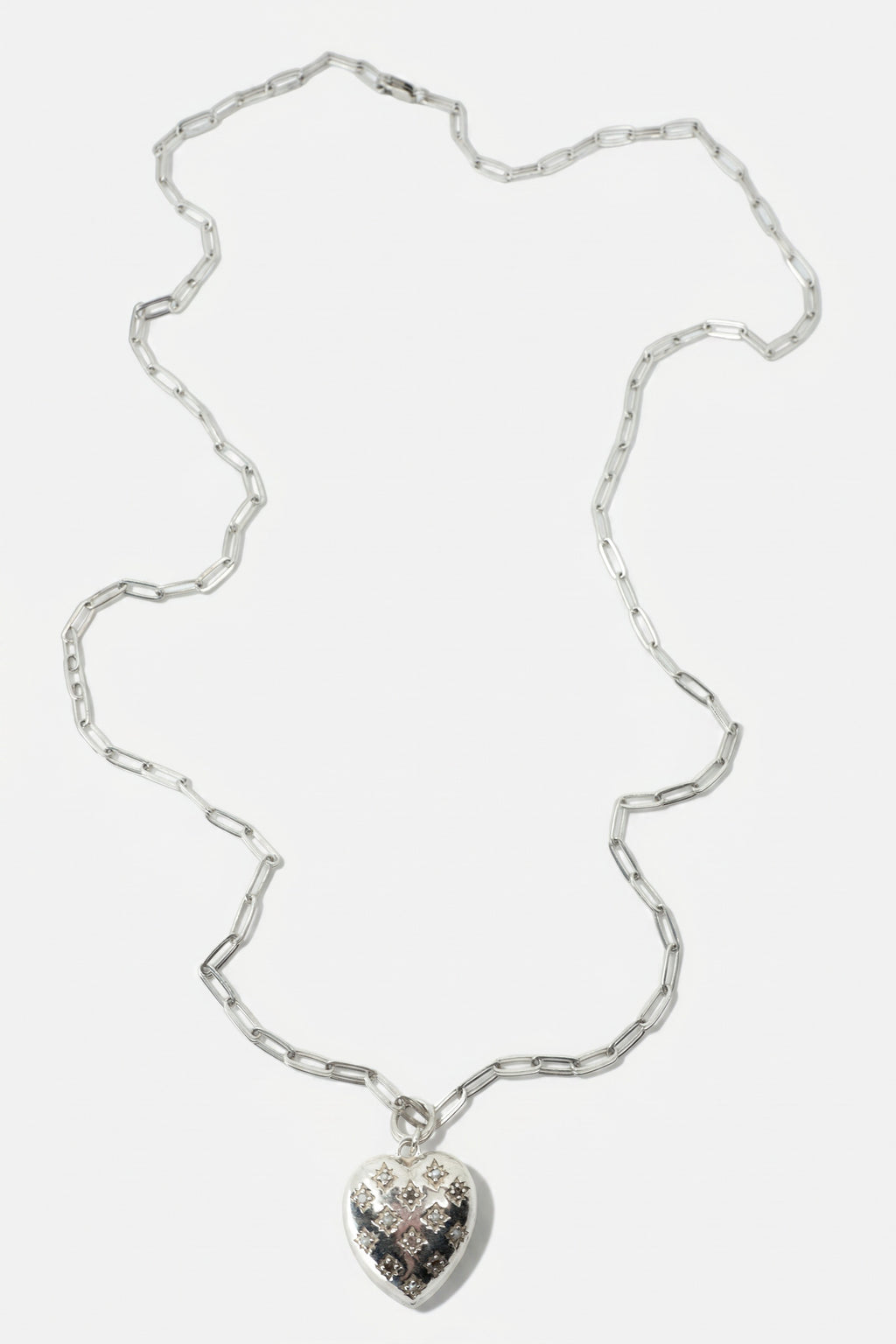 Diamond Pearl Heart Necklace Silver Paperclip Chain
