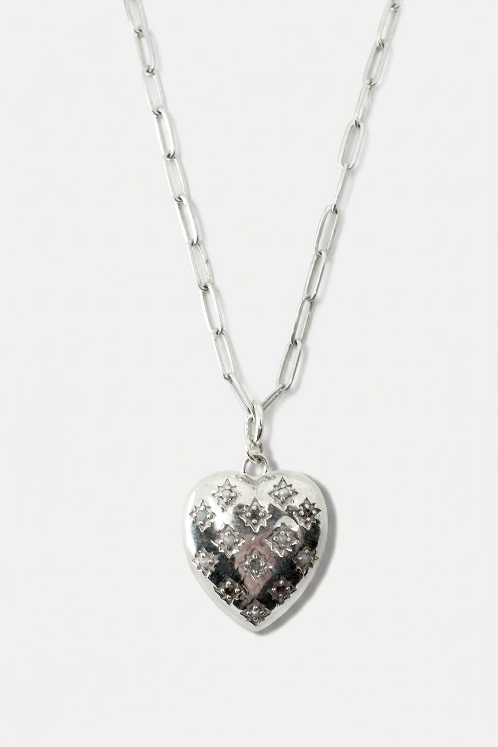 Diamond Pearl Heart Necklace Silver