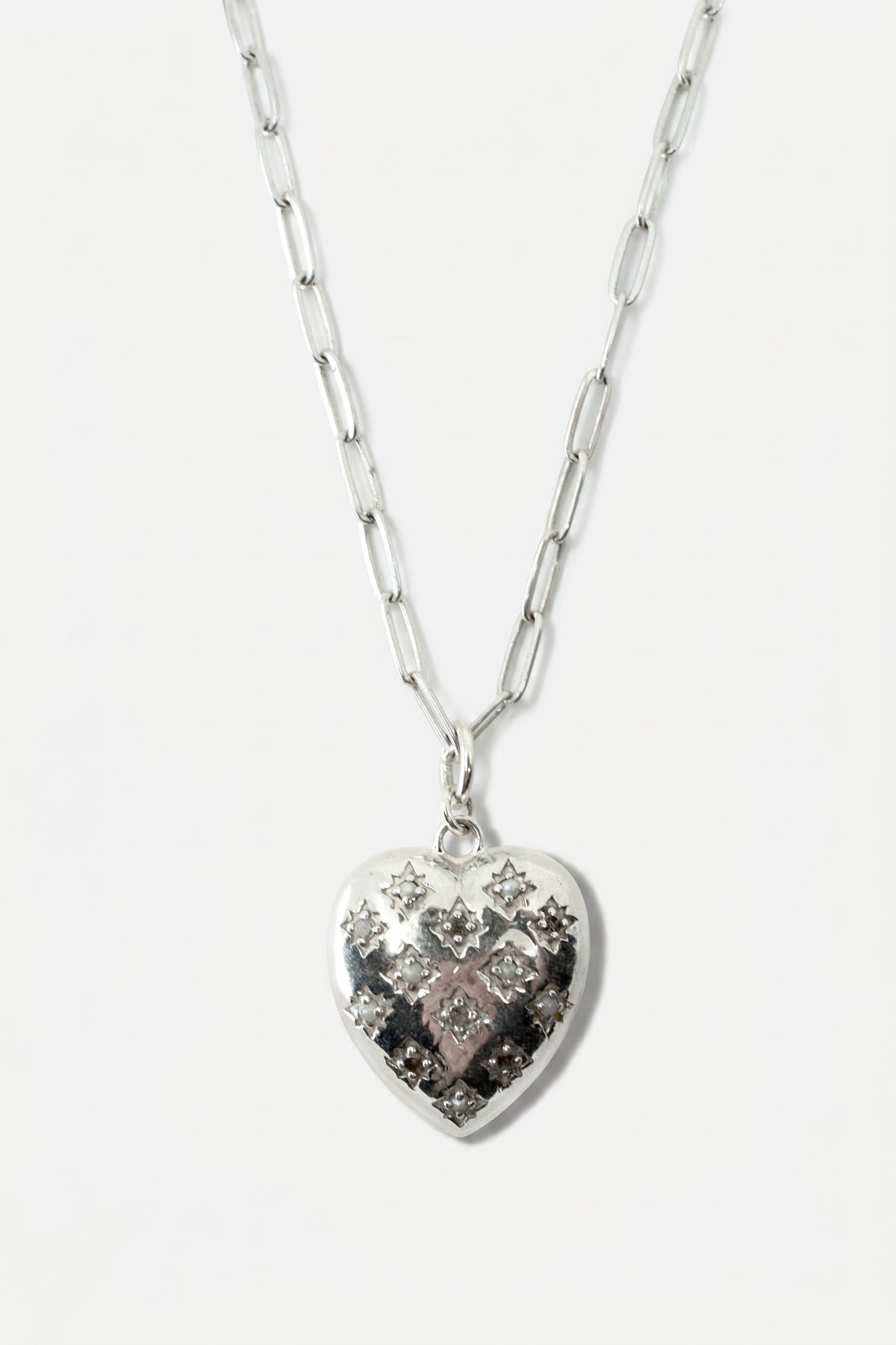 Diamond Pearl Heart Necklace Silver Paperclip Chain