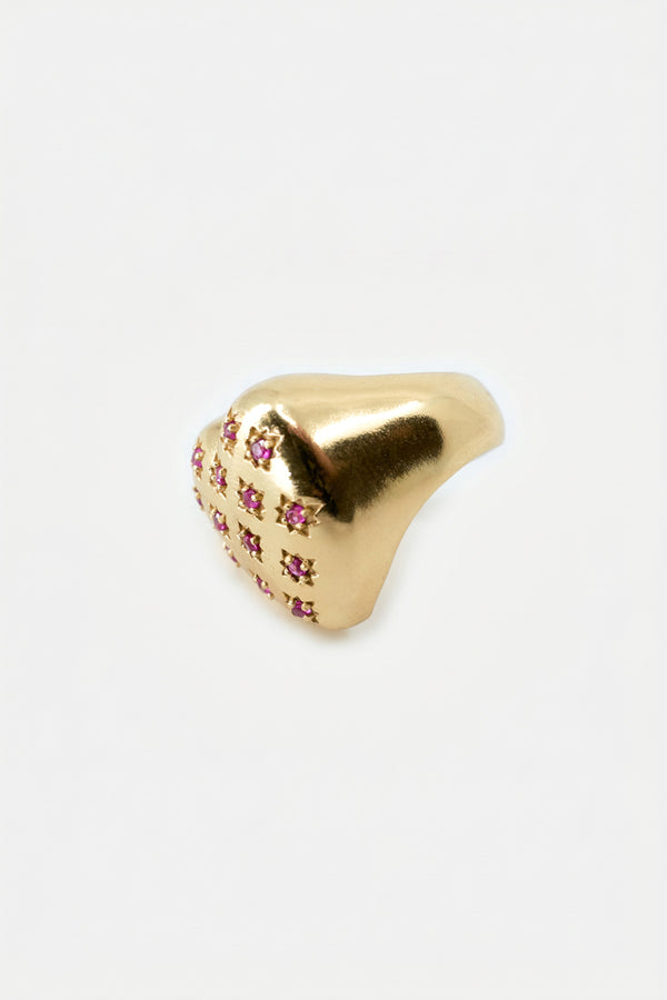 Gold Heart Signet Ring Ruby Star