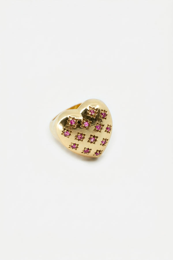 Gold Heart Signet Ring Ruby Star