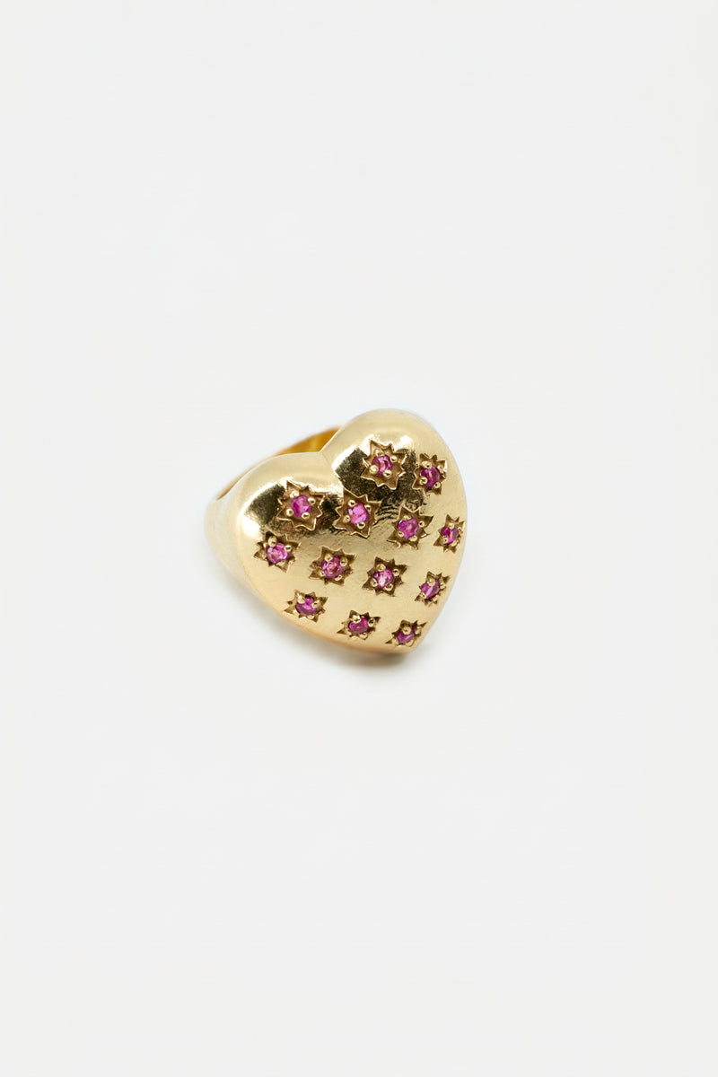 Gold Heart Signet Ring Ruby Star