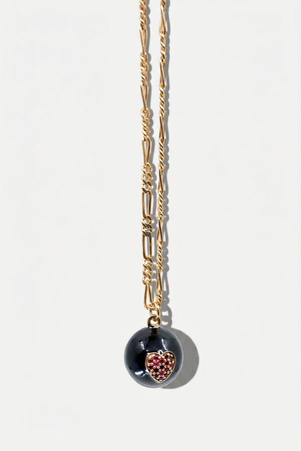 Ruby Heart Sphere Necklace Black Enamel