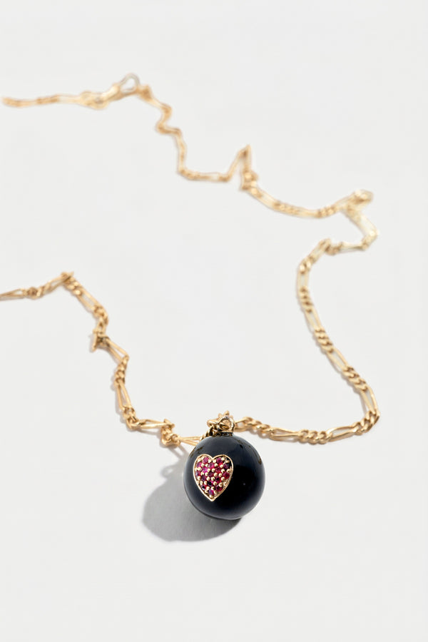 Ruby Heart Sphere Necklace Black Enamel
