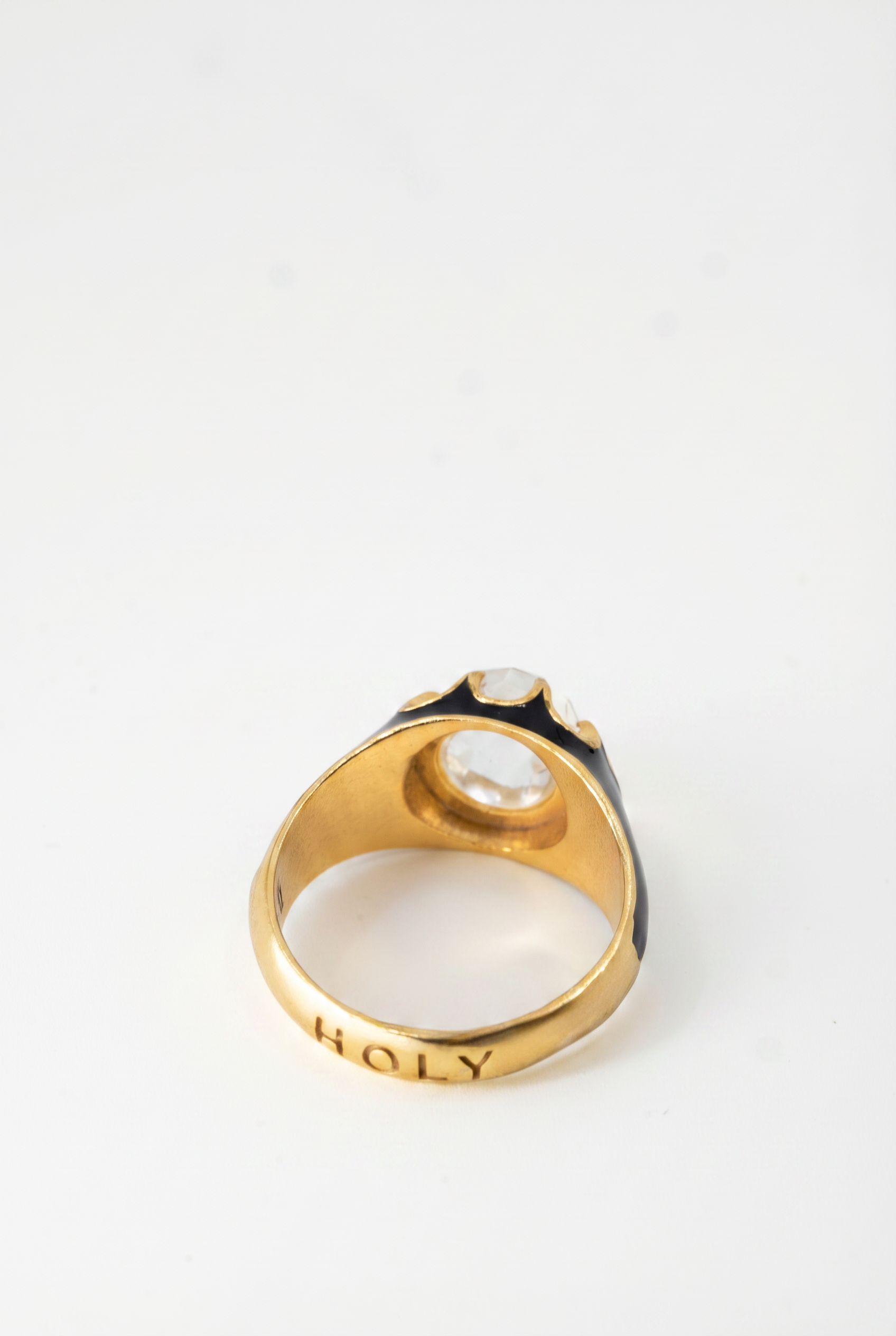 Crystal Quartz Ring Black Enamel Word Band Holy