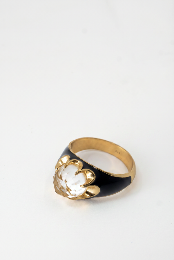 Crystal Quartz Ring Black Enamel Word Band Holy