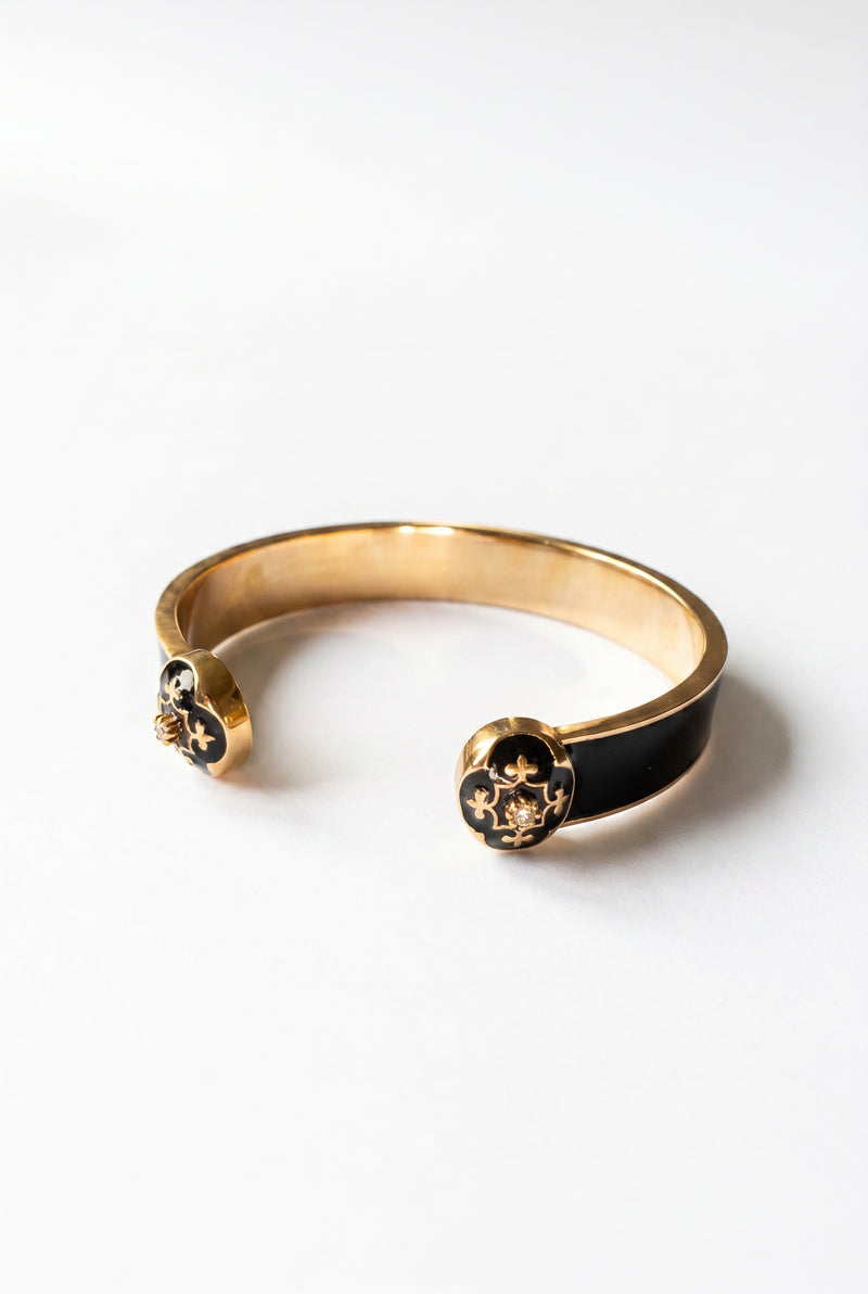 Black Enamel Cuff Infinite French Lily Diamond Bracelet