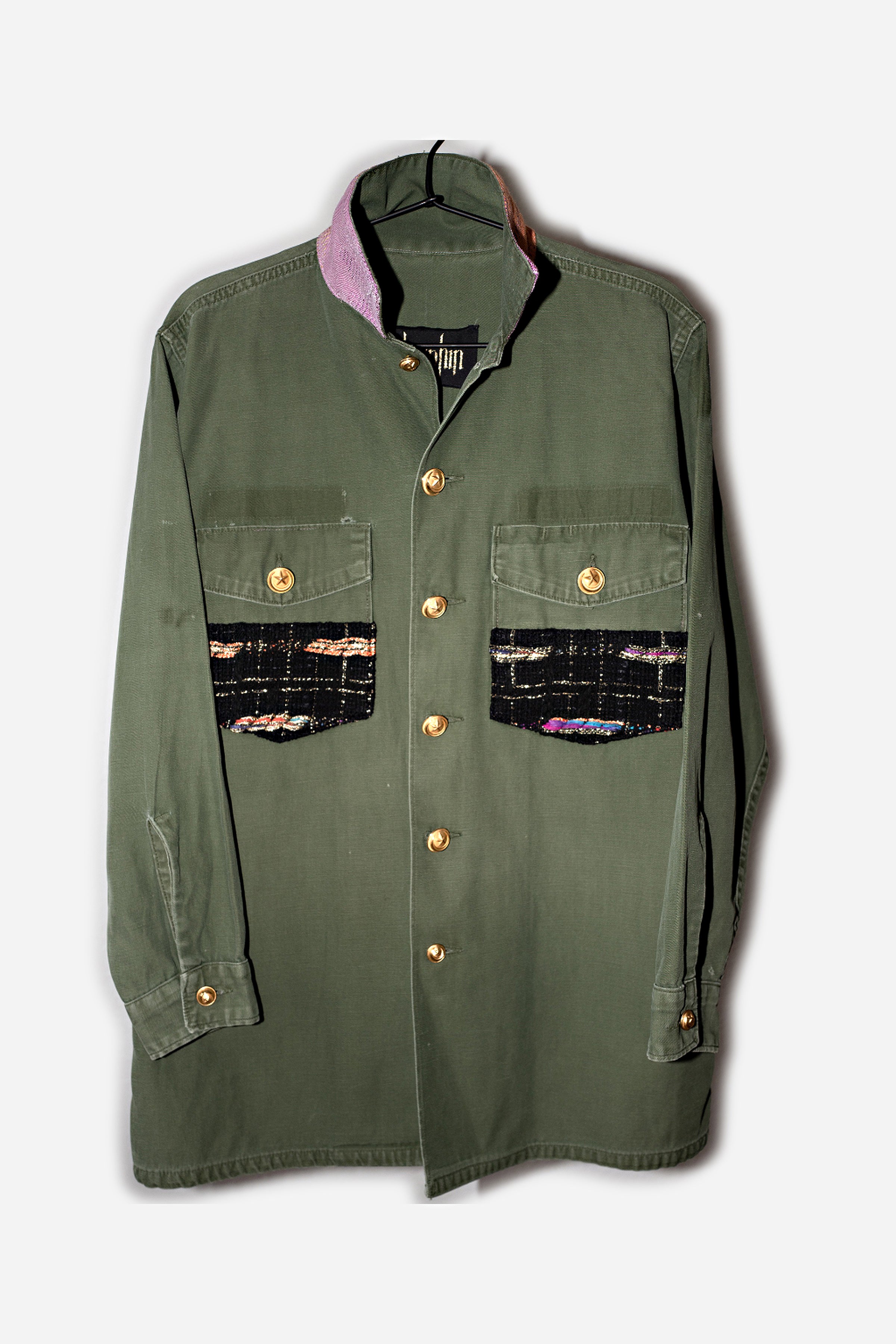 Military Jacket Green Black Lurex Purple Orange Collar Medium
