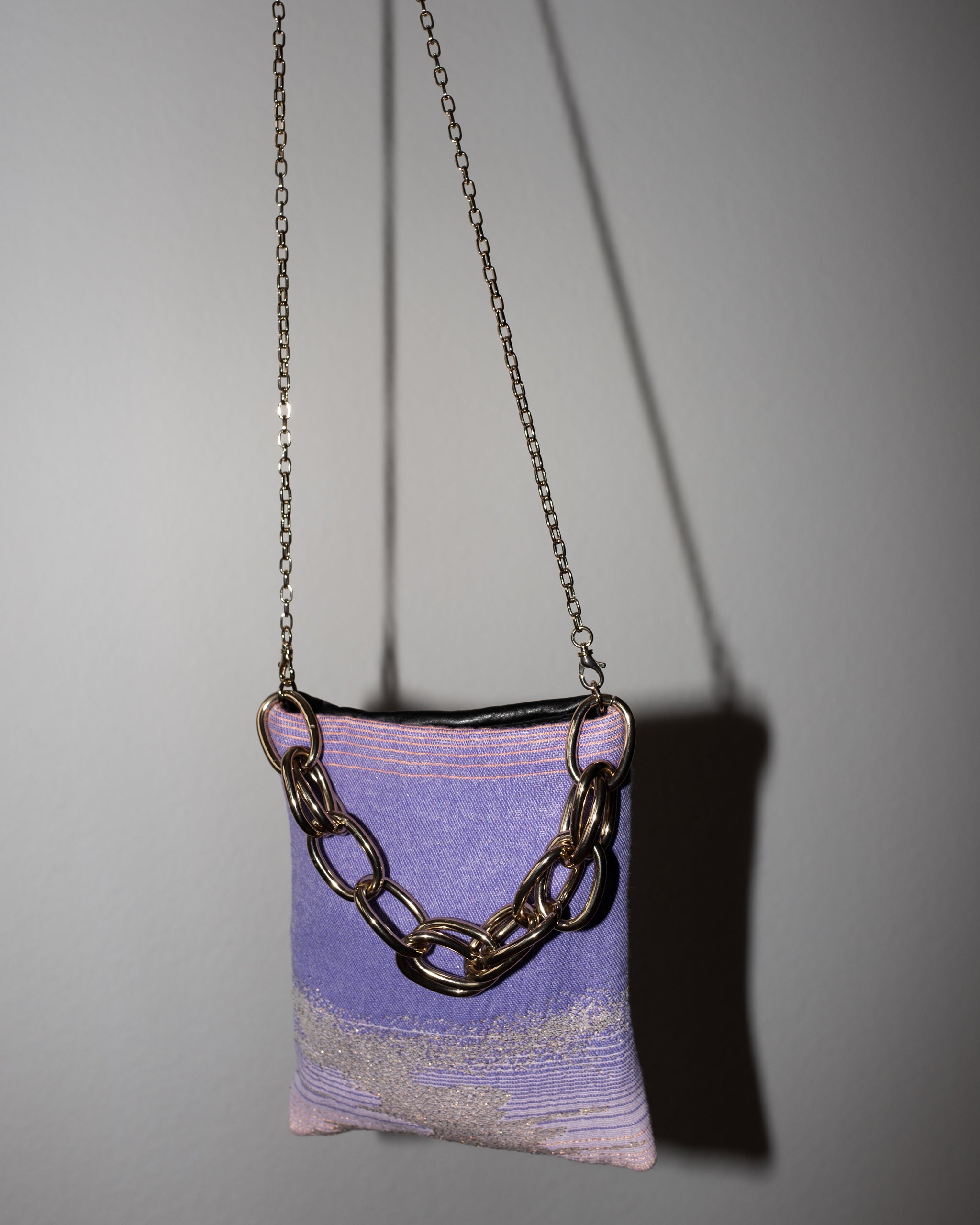 Bag with Lilac Pink Gold Lurex and Black Leather Gold Chain